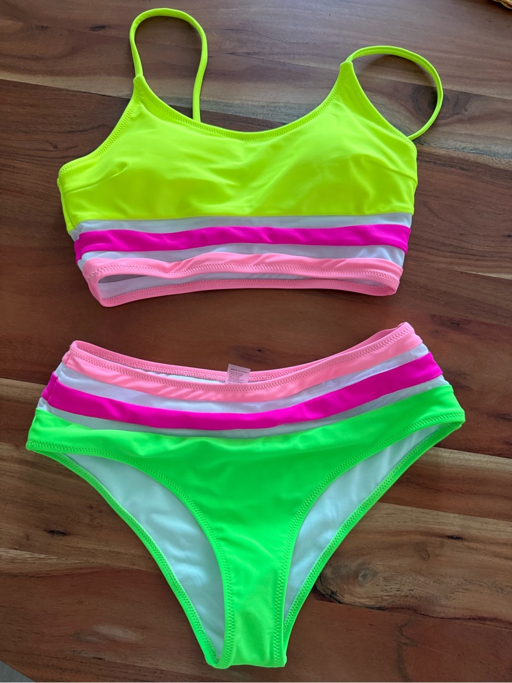 SHEIN Neon Green & Pink Striped Two-Piece Bikini